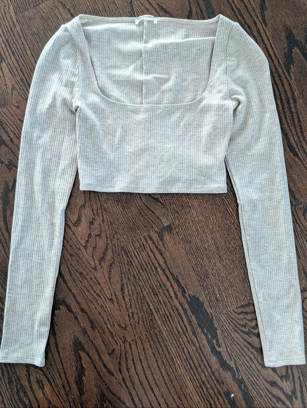 Reformation Cream Ribbed Long-Sleeve Cropped Square Neck Top- XS